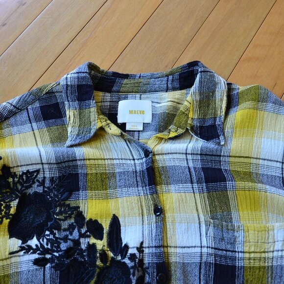 Anthropologie Maeve Embroidered Plaid Button Down Tunic Shirt Size XS/S - Picture 3 of 15